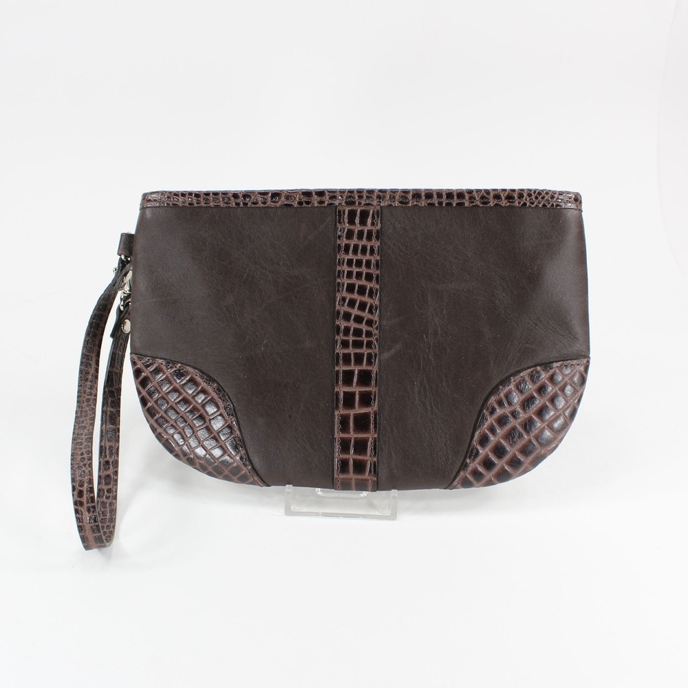 Levenger Wristlet Brown Leather with Faux Croc Trim Wrist Strap LN Small Purse